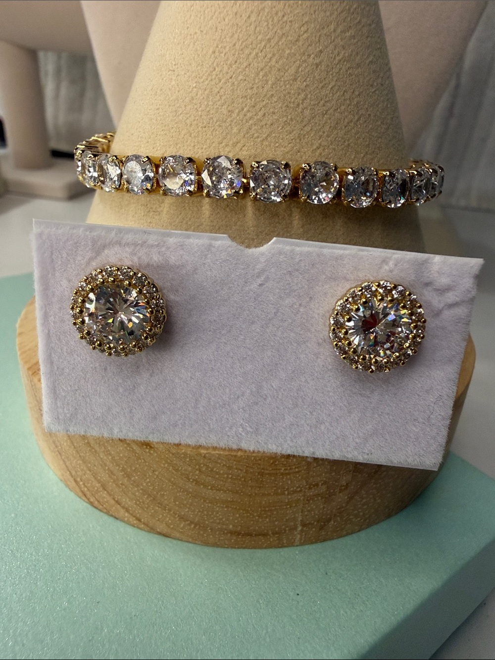 Gold CZ Tennis Bracelet and Halo Stud Earrings Set